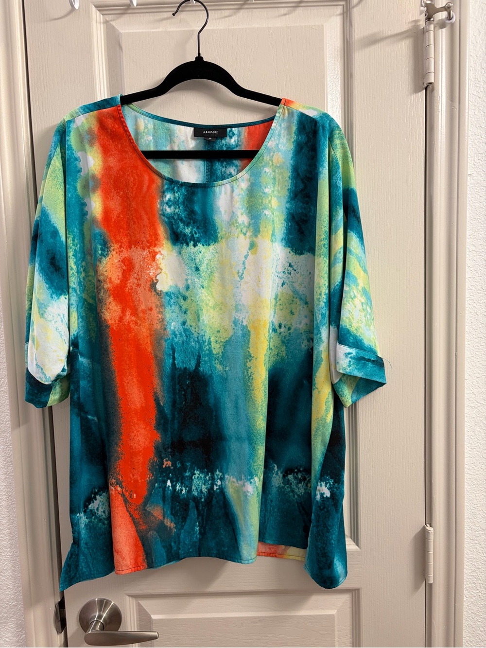 Alfani Women's Teal, Orange & Yellow Abstract Watercolor Tunic